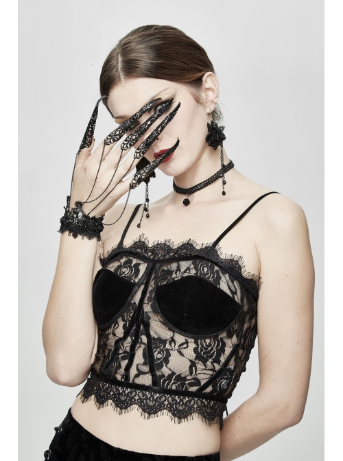 Women Black Lace Metal Chain Bracelet Decoration Finger Stall