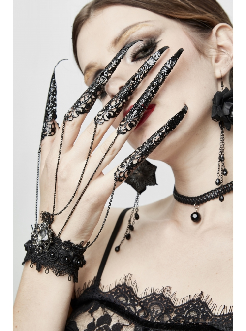 Women Black Lace Metal Chain Bracelet Decoration Finger Stall
