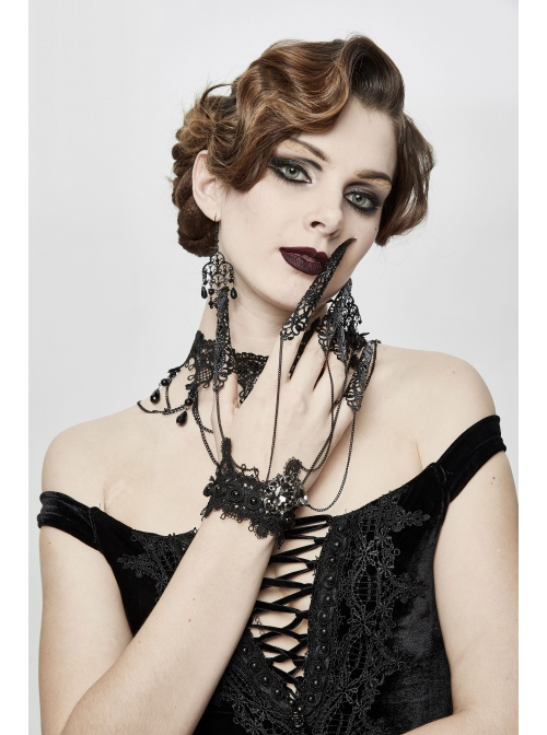 Women Black Lace Metal Chain Bracelet Decoration Finger Stall