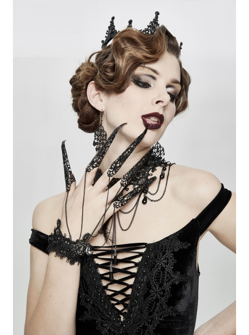 Women Black Lace Metal Chain Bracelet Decoration Finger Stall