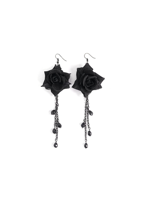 Black Rose Silver Gothic Long Earrings