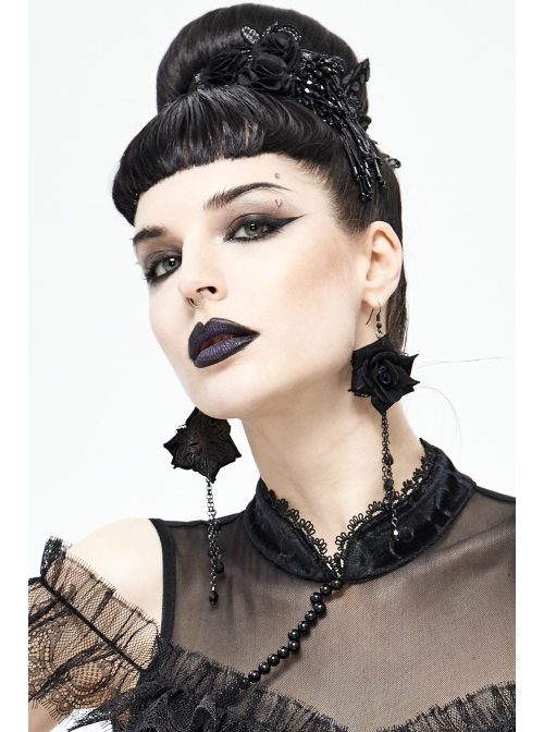Black Rose Silver Gothic Long Earrings