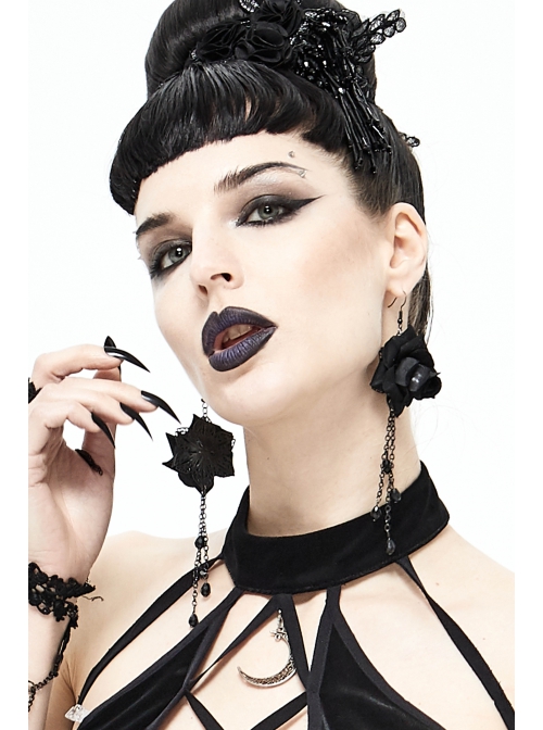 Black Rose Silver Gothic Long Earrings