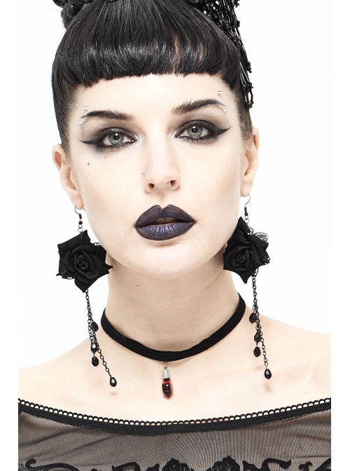 Black Rose Silver Gothic Long Earrings