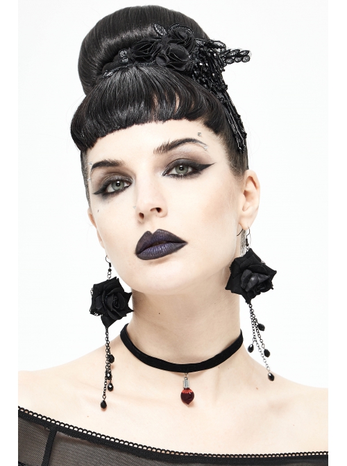 Black Rose Silver Gothic Long Earrings