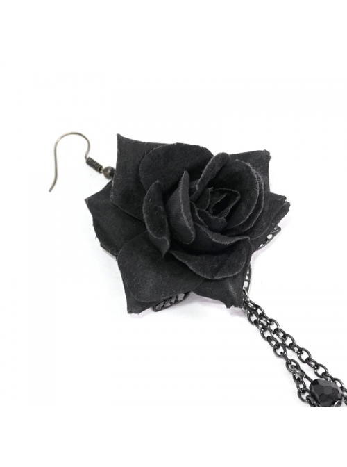 Black Rose Silver Gothic Long Earrings