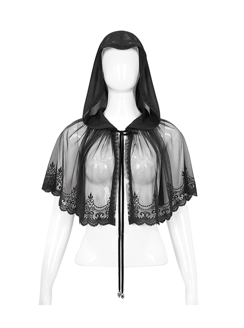 Black Gothic Lace Stretch Mesh Hooded Chiffon Small Cape