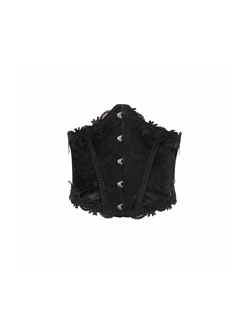 Gothic Black Pattern Leather Front Metal Button Back Tie Rope Female Girdle