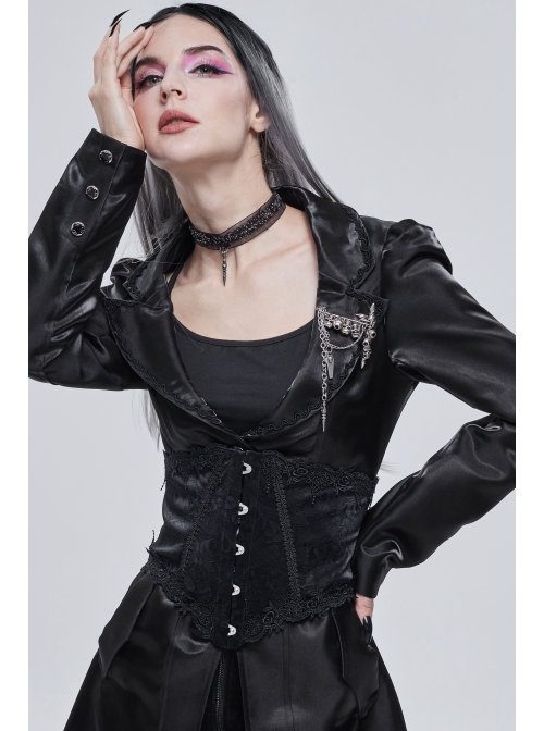 Gothic Black Pattern Leather Front Metal Button Back Tie Rope Female Girdle