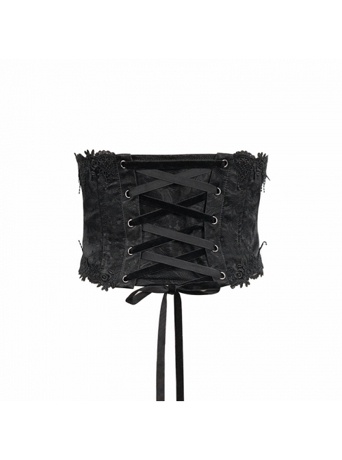 Gothic Black Pattern Leather Front Metal Button Back Tie Rope Female Girdle