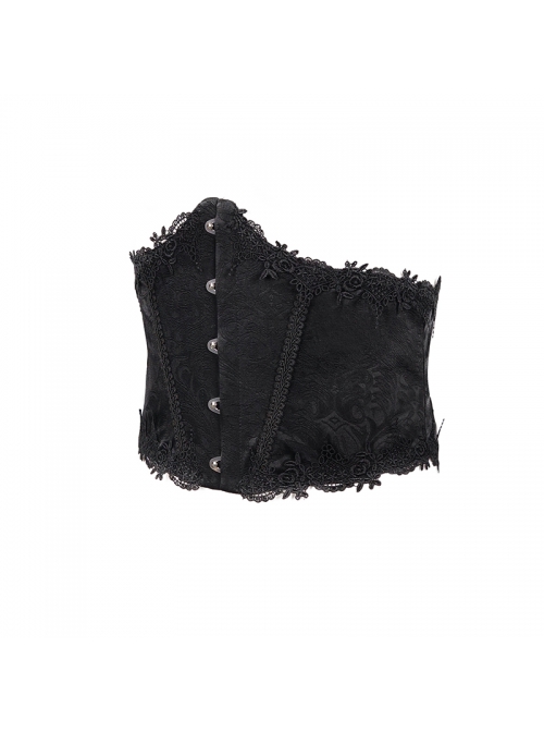 Gothic Black Pattern Leather Front Metal Button Back Tie Rope Female Girdle
