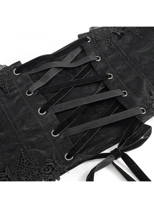Gothic Black Pattern Leather Front Metal Button Back Tie Rope Female Girdle