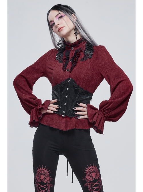 Gothic Black Pattern Leather Front Metal Button Back Tie Rope Female Girdle