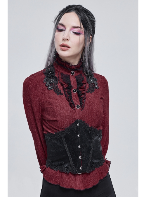 Gothic Black Pattern Leather Front Metal Button Back Tie Rope Female Girdle