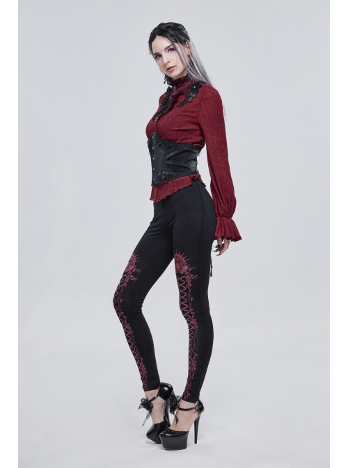 Gothic Black Pattern Leather Front Metal Button Back Tie Rope Female Girdle