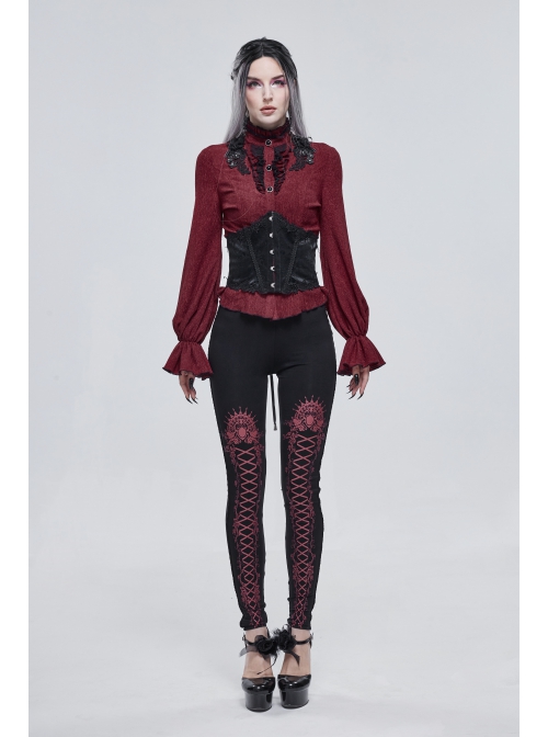 Gothic Black Pattern Leather Front Metal Button Back Tie Rope Female Girdle