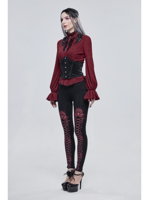 Gothic Black Pattern Leather Front Metal Button Back Tie Rope Female Girdle