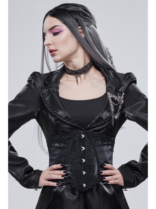 Gothic Black Pattern Leather Front Metal Button Back Tie Rope Female Girdle