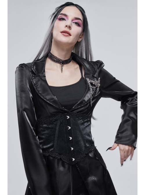 Gothic Black Pattern Leather Front Metal Button Back Tie Rope Female Girdle