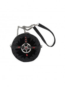 Black Gothic Pattern Leather Five-Pointed Star Iron Ring Metal Chain Round Bag