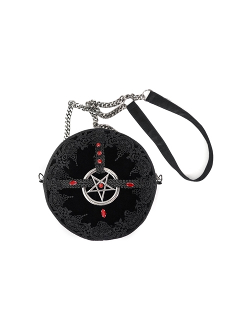 Black Gothic Pattern Leather Five-Pointed Star Iron Ring Metal Chain Round Bag