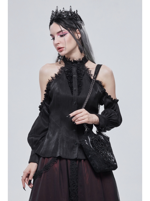 Black Gothic Lace Applique One Shoulder Metal Chain Fashion Women Bag