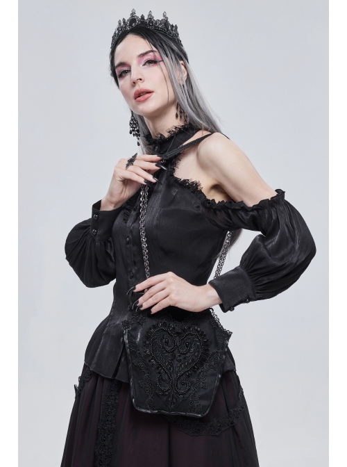 Black Gothic Lace Applique One Shoulder Metal Chain Fashion Women Bag