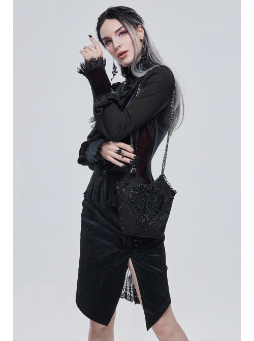 Black Gothic Lace Applique One Shoulder Metal Chain Fashion Women Bag