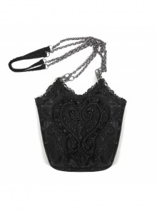 Black Gothic Lace Applique One Shoulder Metal Chain Fashion Women Bag