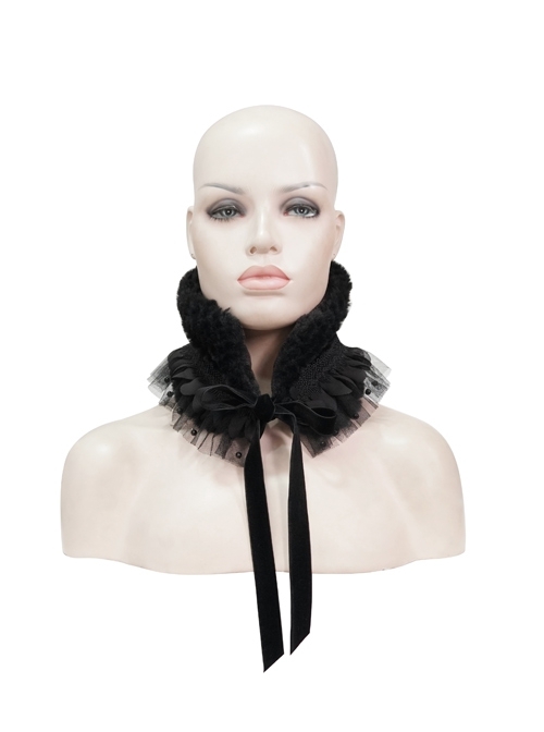 Black Particle Plush Removable Lace Front Tie Rope Gothic Scarf