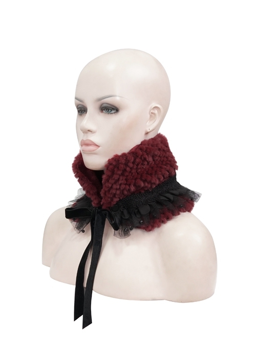 Wine Red Particle Plush Removable Lace Front Tie Rope Gothic Scarf