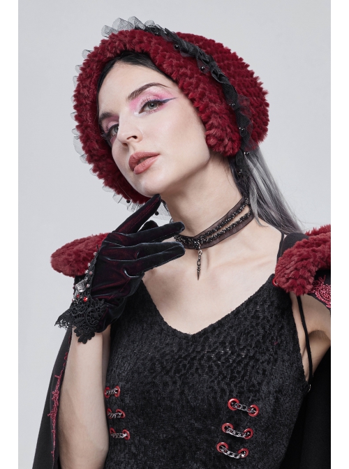 Wine Red Particle Plush Removable Lace Front Tie Rope Gothic Scarf