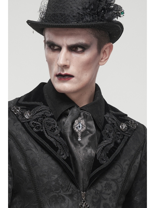 Black Gothic Pattern Woven Scarf With Jewel Brooch