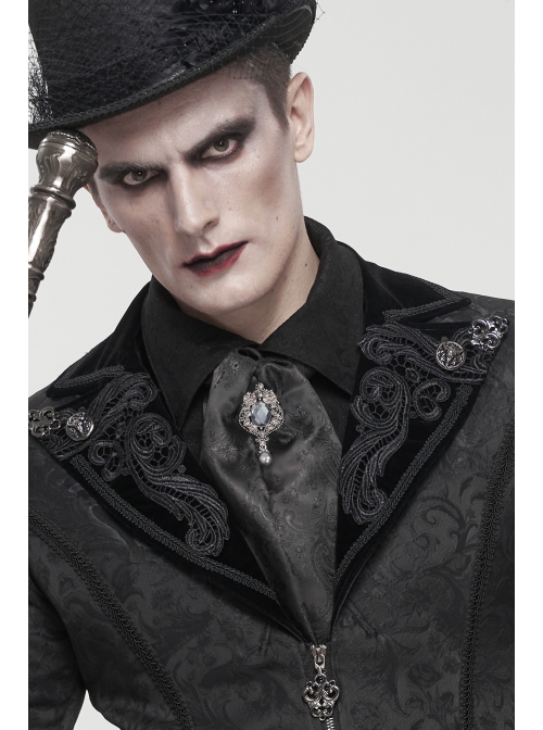 Black Gothic Pattern Woven Scarf With Jewel Brooch