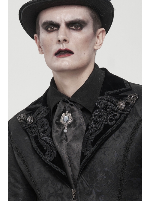 Black Gothic Pattern Woven Scarf With Jewel Brooch