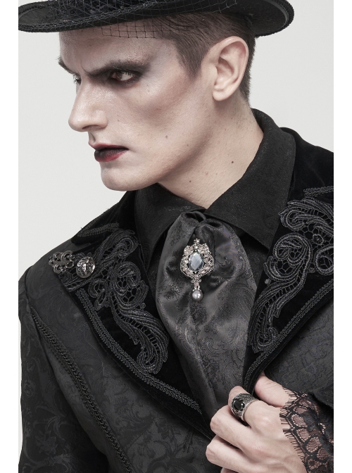 Black Gothic Pattern Woven Scarf With Jewel Brooch