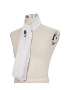 White Gothic Pattern Woven Scarf With Jewel Brooch