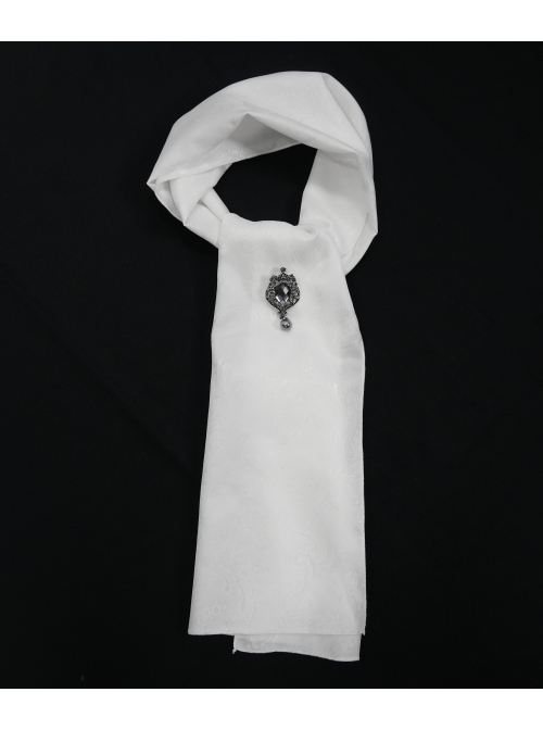 White Gothic Pattern Woven Scarf With Jewel Brooch