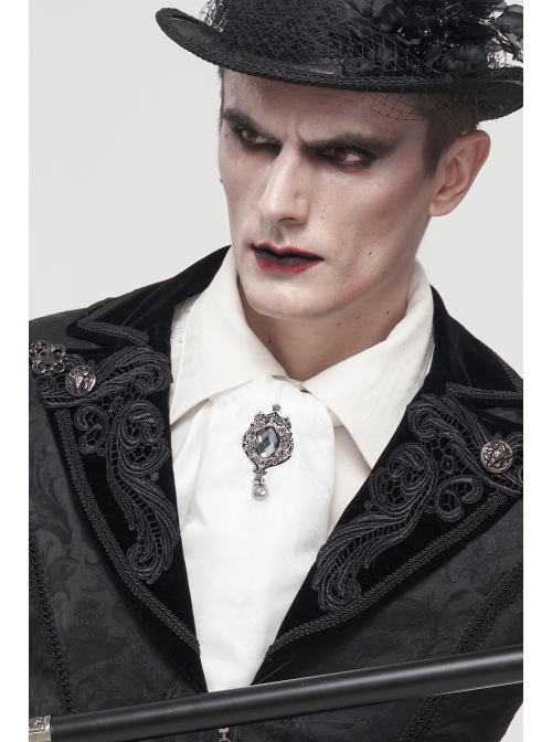 White Gothic Pattern Woven Scarf With Jewel Brooch