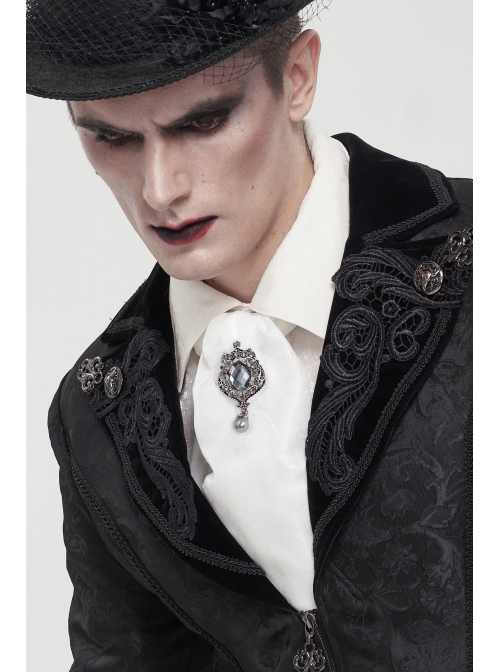 White Gothic Pattern Woven Scarf With Jewel Brooch