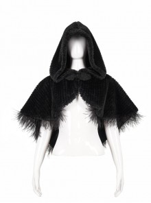 Black Grain Plush Hooded Feather Edging Short Front And Long Back Gothic Cape