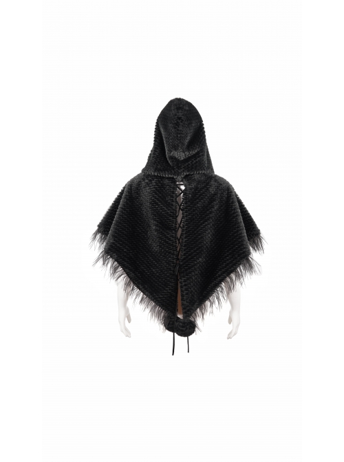Black Grain Plush Hooded Feather Edging Short Front And Long Back Gothic Cape