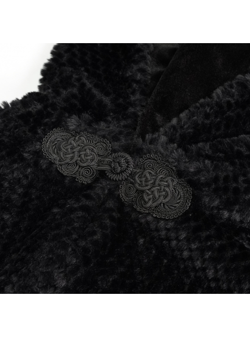 Black Grain Plush Hooded Feather Edging Short Front And Long Back Gothic Cape