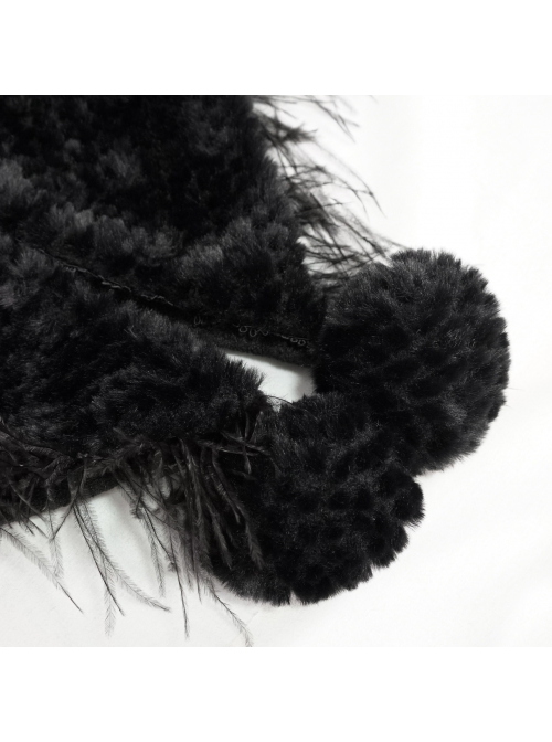 Black Grain Plush Hooded Feather Edging Short Front And Long Back Gothic Cape