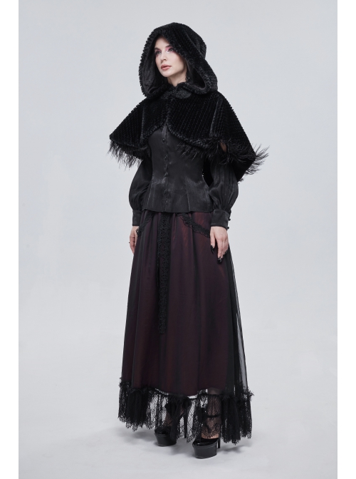 Black Grain Plush Hooded Feather Edging Short Front And Long Back Gothic Cape