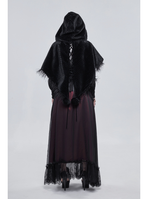 Black Grain Plush Hooded Feather Edging Short Front And Long Back Gothic Cape
