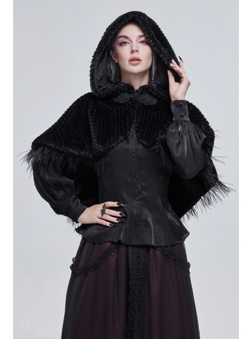 Black Grain Plush Hooded Feather Edging Short Front And Long Back Gothic Cape