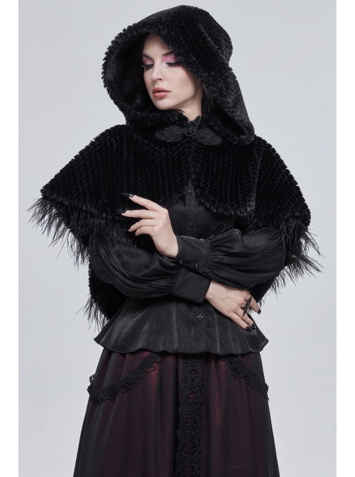 Black Grain Plush Hooded Feather Edging Short Front And Long Back Gothic Cape