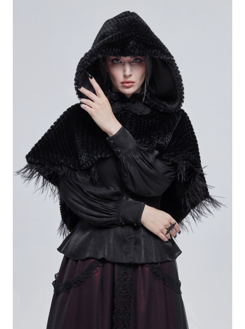 Black Grain Plush Hooded Feather Edging Short Front And Long Back Gothic Cape