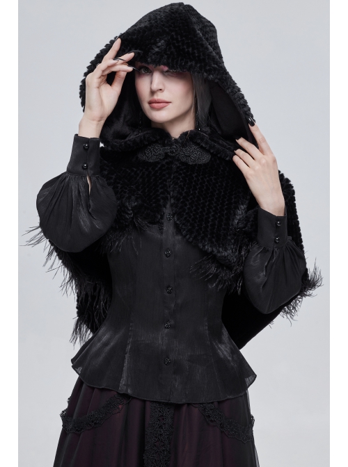 Black Grain Plush Hooded Feather Edging Short Front And Long Back Gothic Cape